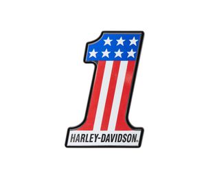 Harley-Davidson Accessories Display a touch of attitude with the #1 Decorative Medallion. Ideal for application on a plate-style sissy bar upright, derby cover, timer cover, Tour-Pak luggage carrier or saddlebag, glove box or chrome battery cover. It also looks great on a tool box or tailgate. The quality adhesive backing on this premium zinc die cast medallion allows for easy and secure installation on most flat surfaces. Self-adhesive and easy to install. Size: 3" x 2".