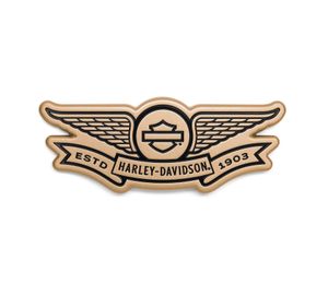 Harley-Davidson Accessories Display a touch of attitude with the Gold Winged Bar & Shield Decorative Medallion. Ideal for application on a plate-style sissy bar upright, derby cover, timer cover, Tour-Pak luggage carrier or saddlebag, glove box or chrome battery cover. It also looks great on a tool box or tailgate. The quality adhesive backing on this premium zinc die cast medallion allows for easy and secure installation on most flat surfaces. Size: 1.9" x 4.7".