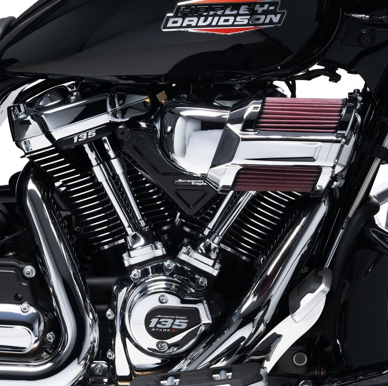 Harley-Davidson Accessories For the rider demanding no-compromise performance. This is the most displacement, and the most power, ever created by Harley-Davidson for a street-compliant crate performance engine. Engineered by the pros at Harley-Davidson and built from the bottom up in Milwaukee, this street-tuned 135-cubic-inch Screamin' Eagle Crate Engine is designed to run with a wide-open throttle at high engine speeds and provide instant passing power from cruising speed. Made for riders seeking maximum displacement, compression, and flow, it delivers 144 horsepower and 149 ft-lb of torque to the rear wheel. The 135ci engine compression ratio is 11.6:1. Exclusive 135 and Stage IV badging on the cylinder heads and timer cover highlight the powerplant. This street-ready performance motor features the finest Screamin' Eagle components. Many of these new components were informed by extensive testing by the Harley-Davidson Factory Racing Team for the King of the Baggers racing series. The 135ci Crate engine consists of: all-new Screamin' Eagle Extreme CNC-ported cylinder heads, new SE8-550 high-lift cam, new high-compression forged pistons, 68mm throttle body and new CNC-machined Extreme Flow 68mm intake manifold, high-performance cam bearing, high-performance tappets, new patent-protected 4.31" steel sleeve cylinders, 4 5/8" flywheel, 6.8 g/sec fuel injectors, and Screamin' Eagle Pro Billet Cam Plate and Oil Pump. Black highlights & chrome finish. Engineered and tested as a complete collection of high-performance components by the Screamin' Eagle pros at Harley-Davidson. This combination is designed for wide open throttle along with high end RPMs and a significant torque increase from a cruising speed. Ready for bolt-in installation in the Original Equipment-style chassis of your Touring bike. For models originally equipped with Variable Valve Timing (VVT), VVT will not be retained with this performance crate engine. No special fabrication or engine-mount relocation is required. Factory assembled at the Powertrain Operations facility in Milwaukee, Wisconsin.