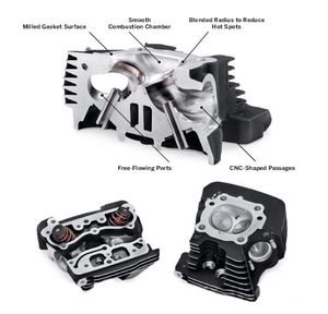 Harley-Davidson Accessories A cost-effective alternative for upgrading the performance of your bike. The intake and exhaust ports are meticulously machined to smooth the surfaces, enhancing the flow characteristics of air and fuel to provide enhanced performance. But it doesn't stop there: oversized (1.875") stainless steel intake valves and stock (1.575") stainless steel exhaust valves rest in reshaped valve seats that improve flow rates. The combustion chambers have been machined to smooth the surface, and feature a blended radius on the bathtub's edge to reduce detonation by eliminating hot spots and promoting improved combustion. The head gasket surface has been milled to maintain stock combustion chamber volume, which results in stock compression when used with Original Equipment pistons. Compression can be increased with the installation of matched Screamin' Eagle high compression pistons. Heads are assembled with high performance valve springs that support cams with lift up to.585".