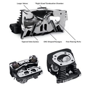 Harley-Davidson Accessories The most advanced Twin Cam performance cylinder head design available. Screamin' Eagle CNC Ported Maximum Velocity Area (MVA) cylinder heads create power across the entire RPM range by maximizing velocity through the intake ports. Increased air speed velocity through the ports is achieved by "right sizing" port volume at 98cc, lowering the port roof, and by precision-machining the shape of the port to complement the giant 2.120" intake valves. Screamin' Eagle CNC-Ported MVA Cylinder Heads conquer a unique engineering challenge, and provide the highest possible torque and acceleration at any RPM. MVA Heads will boost the punch of a 103" engine. When paired with high lift cams, MVA Heads can give a 110" or 113" motor everything it needs to achieve new levels of performance. Countless hours of dyno testing resulted in a 95cc combustion chamber that performs in perfect balance with the port size and shape, and reduced detonation. MVA Heads feature Screamin' Eagle Race Springs that permit the use of high lift cams (up to.660"), and are machined to accept automatic compression releases (sold separately) for easier starting. MVA Heads are manufactured and assembled at Harley-Davidson's world class engine factory in Milwaukee, ensuring every set is made to exact tolerances.