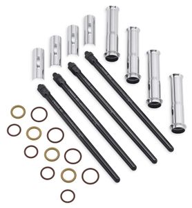Harley-Davidson Accessories These premium pushrods are tapered for enhanced clearance at the cylinder head, allowing the use of higher lift cams. The one-piece chrome moly tube adds rigidity and durability and the threaded adjustment feature provides easy cam installation without removing the cylinder heads or rocker boxes. Chrome covers. The tube features 6 flats, with one flat marked with a large dot for tracking the adjustment. The threaded rod features 4 flats to reduce wrench swing. Each pushrod features the Screamin' Eagle logo and is marked for "Intake" or "Exhaust". Kit includes 4 pushrods and required pushrod tube covers.