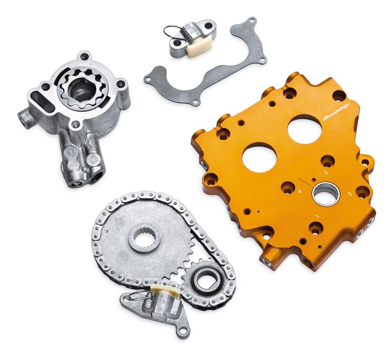 Harley-Davidson Accessories This kit updates the cam chain tensioner of your Twin Cam 88 engine to the latest design, as featured on the Twin Cam 96 engine. The billet cam support plate has been designed to allow the installation of the Twin Cam 96 hydraulic cam chain tensioner to Twin Cam 88-equipped models. These Hydraulic Cam Chain Tensioners will significantly outlast the spring loaded tensioners, and are an ideal addition to an engine modified for improved performance. In addition, '02-'06 models utilize a Twin Cam 96 single row front roller chain and sprocket (included in kit). '99-'01 models use Original Equipment front silent chain and sprocket to retain the cam position sensor function. The kit includes an improved Screamin' Eagle High-Flow Oil Pump that provides increased oil pressure at high-operating temperatures. This kit increases the oil supply by 23% and scavenging by 50% when compared to the '99-'05 Original Equipment oil pump, and reduces operating temperature of bearings to improve bearing life.
