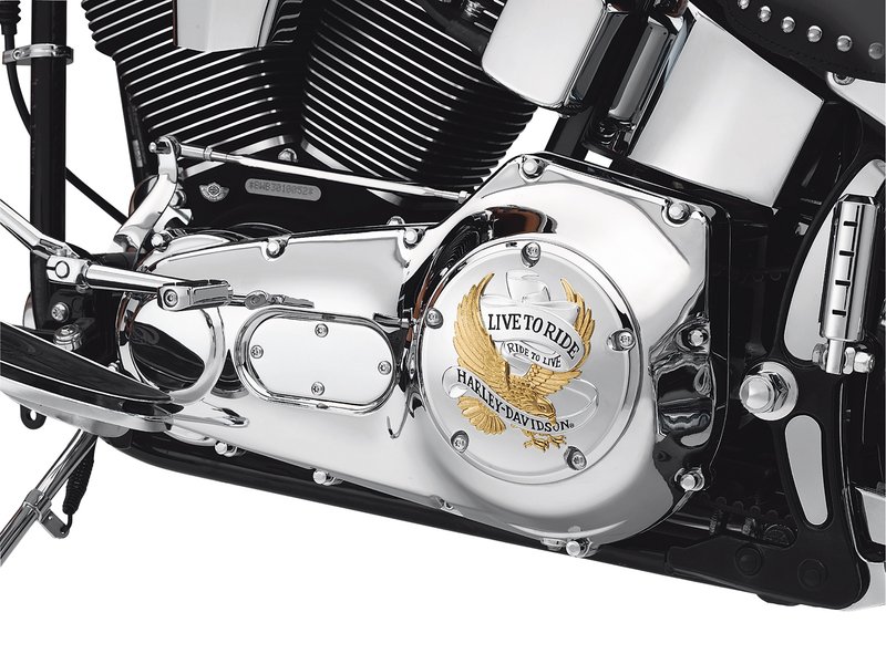Harley-Davidson Accessories Live To Ride Derby Cover in gold. "Live To Ride, Ride to Live." It has become the motto of the Harley-Davidson nation, accompanying riders over millions of miles of travel. This collection is a tribute to that way of life.