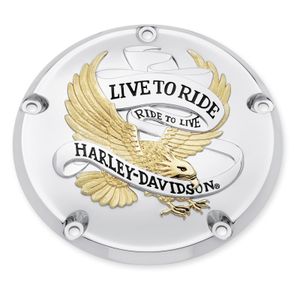 Harley-Davidson Accessories Live To Ride Derby Cover in gold. "Live To Ride, Ride to Live." It has become the motto of the Harley-Davidson nation, accompanying riders over millions of miles of travel. This collection is a tribute to that way of life.