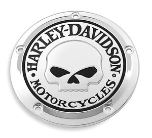 Harley-Davidson Accessories Willie G Skull Derby Cover in chrome. Add a little attitude to your ride - the menacing raised skull with black-filled eyes leaps from a field of chrome. The surrounding "Harley-Davidson Motorcycles" script is the perfect finishing touch, and this complete collection of engine covers dresses your bike for a true custom look. Complete the look with additional accessories from the Harley-Davidson Willie G Skull Collection.