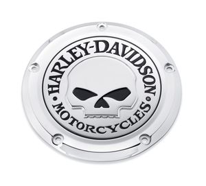 Harley-Davidson Accessories Willie G Skull Derby Cover in chrome. Add a little attitude to your ride - the menacing raised skull with black-filled eyes leaps from a field of chrome. The surrounding "Harley-Davidson Motorcycles" script is the perfect finishing touch. Styled to complement Harley-Davidson Skull accessory items. Includes chrome-plated stainless steel mounting hardware. Complete the look with additional accessories from the Harley-Davidson Willie G Skull Collection.