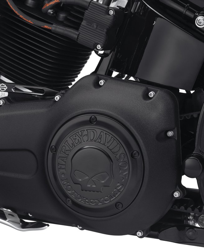 Harley-Davidson Accessories Willie G Skull Derby Cover in black. Penned at the hand of Willie G, the famous Skull Collection makes a shift to the dark side. Completely drenched in matte black, the raised skull and surrounding Harley-Davidson Motorcycle script add a subtle ominous touch to your ride. The matte finish easily coexists alongside gloss black or wrinkle black surfaces. Complete the look with additional accessories from the Harley-Davidson Willie G Skull Collection.