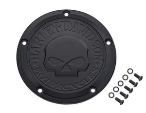 Harley-Davidson Accessories Willie G Skull Derby Cover in black. Penned at the hand of Willie G, the famous Skull Collection makes a shift to the dark side. Completely drenched in matte black, the raised skull and surrounding Harley-Davidson Motorcycle script add a subtle ominous touch to your ride. The matte finish easily coexists alongside gloss black or wrinkle black surfaces. Complete the look with additional accessories from the Harley-Davidson Willie G Skull Collection.