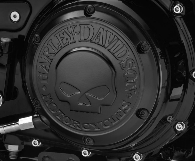 Harley-Davidson Accessories Willie G Skull Derby Cover in black. Penned at the hand of Willie G®, the famous Skull Collection makes a shift to the dark side. Completely drenched in black, the raised skull and surrounding Harley-Davidson® Motorcycle script add a subtle ominous touch to your ride. The matte finish easily coexists alongside gloss black or wrinkle black surfaces. Includes matching black hardware. Complete the look with additional accessories from the Harley-Davidson Willie G Skull Collection.