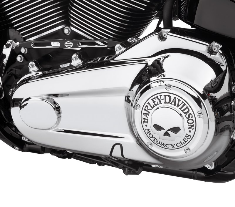 Harley-Davidson Accessories Willie G Skull Derby Cover in chrome. Add a little attitude to your ride - the menacing raised skull with black-filled eyes leaps from a field of chrome. Chrome finish, designed for use with the Sport Glide models' Narrow-Profile Outer Primary Covers. Includes chrome-plated stainless steel mounting hardware. Complete the look with additional accessories from the Harley-Davidson Willie G Skull Collection.