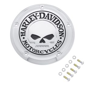 Harley-Davidson Accessories Willie G Skull Derby Cover in chrome. Add a little attitude to your ride - the menacing raised skull with black-filled eyes leaps from a field of chrome. Chrome finish, designed for use with the Sport Glide models' Narrow-Profile Outer Primary Covers. Includes chrome-plated stainless steel mounting hardware. Complete the look with additional accessories from the Harley-Davidson Willie G Skull Collection.