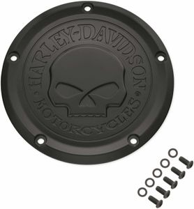 Harley-Davidson Accessories Willie G Skull Derby Cover in black. Penned at the hand of Willie G®, the famous Skull Collection makes a shift to the dark side. Completely drenched in black, the raised skull and surrounding Harley-Davidson® Motorcycle script add a subtle ominous touch to your ride. The matte finish easily coexists alongside gloss black or wrinkle black surfaces. Includes matching black hardware. Complete the look with additional accessories from the Harley-Davidson Willie G Skull Collection.