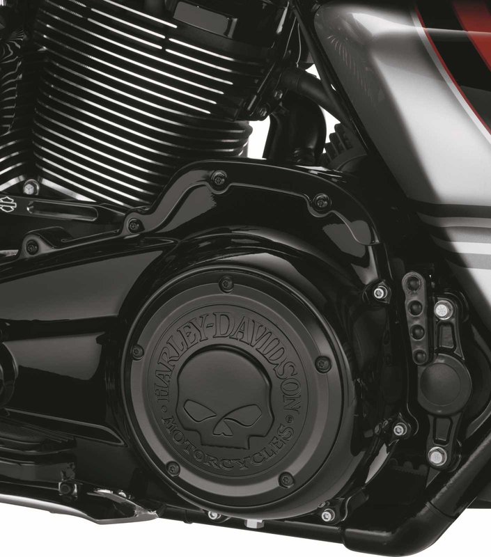 Harley-Davidson Accessories Willie G Skull Derby Cover in black. Penned at the hand of Willie G®, the famous Skull Collection makes a shift to the dark side. Completely drenched in black, the raised skull and surrounding Harley-Davidson® Motorcycle script add a subtle ominous touch to your ride. The matte finish easily coexists alongside gloss black or wrinkle black surfaces. Includes matching black hardware. Complete the look with additional accessories from the Harley-Davidson Willie G Skull Collection.