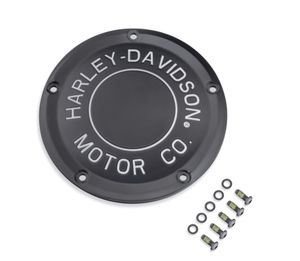 Harley-Davidson Accessories H-D Motor Co. Derby Cover in black. An aggressive twist on a classic style. The Harley-Davidson® Motor Co. Collection personifies Harley® style and features a rich gloss black surface, trimmed with deep-cut silver-filled lettering that surrounds a central groove. The clean design and luxurious finish are the perfect match for blacked-out engines. Includes black zinc hardware and is easy to install.