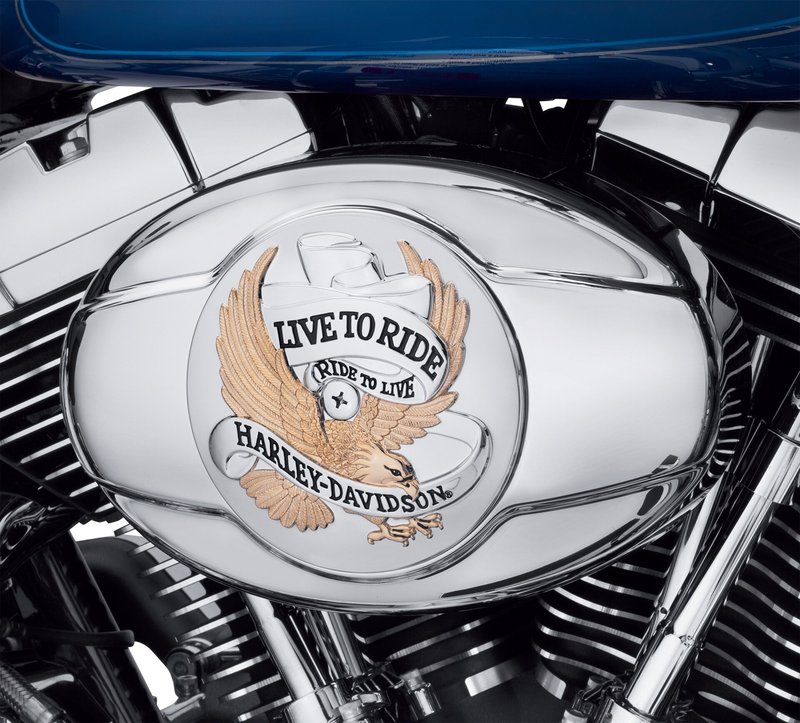 Harley-Davidson Accessories Live To Ride Air Cleaner Trim in gold. "Live To Ride, Ride to Live." It has become the motto of the Harley-Davidson nation, accompanying riders over millions of miles of travel. This collection is a tribute to that way of life.