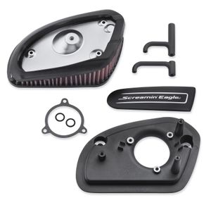 Harley-Davidson Accessories Screamin' Eagle High Flow Air Cleaner Kits allow free breathing and unobstructed airflow to your Milwaukee-Eight engine - while maintaining a subtle Original Equipment look. This kit features a die-cast back plate sized to provide an open-element function that permits airflow around the entire perimeter of the air cleaner and through the ram air opening at the front. Your engine gets more air, and you feel more power throughout the rev range. Black. Includes the die-cast back plate, a high-flow oiled-cotton filter element, all required installation gaskets and hardware and a diamond-cut Screamin' Eagle medallion.