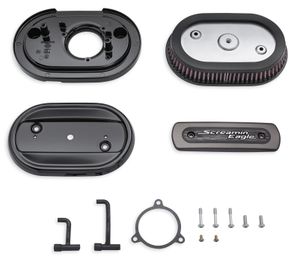 Harley-Davidson Accessories This low-profile oval air cleaner features an exposed filter element and a cast back plate designed to provide maximum air flow to the throttle body. Gloss black. Easy to install. Produces significant performance gains, while the stylish cover is tapered for added leg clearance. Includes low-profile air cleaner cover, high-flow filter element, cast aluminum back plate, diamond-cut Screamin' Eagle medallion, and all required installation hardware.