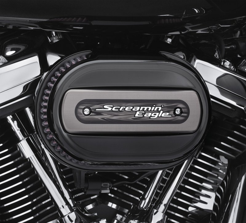 Harley-Davidson Accessories This low-profile oval air cleaner features an exposed filter element and a cast back plate designed to provide maximum air flow to the throttle body. Gloss black. Easy to install. Produces significant performance gains, while the stylish cover is tapered for added leg clearance. Includes low-profile air cleaner cover, high-flow filter element, cast aluminum back plate, diamond-cut Screamin' Eagle medallion, and all required installation hardware.