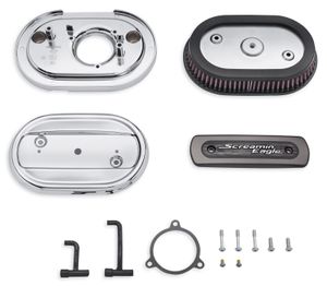 Harley-Davidson Accessories This low-profile oval air cleaner features an exposed filter element and a cast back plate designed to provide maximum air flow to the throttle body. Chrome. Easy to install. Produces significant performance gains, while the stylish cover is tapered for added leg clearance. Includes low-profile air cleaner cover, high-flow filter element, cast aluminum back plate, diamond-cut Screamin' Eagle medallion, and all required installation hardware.