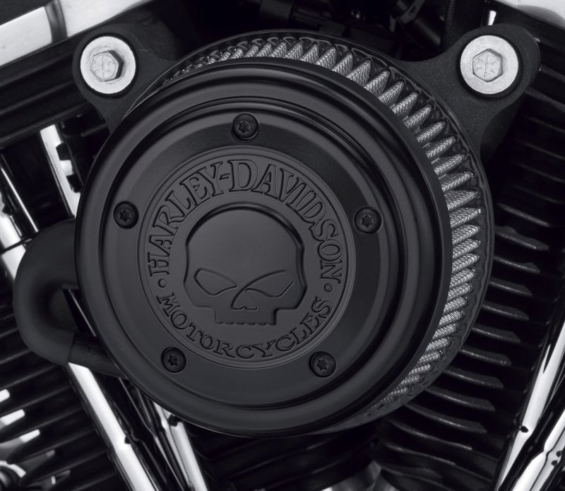 Harley-Davidson Accessories Willie G Skull Air Cleaner Trim in black. Penned at the hand of Willie G, the famous Skull Collection makes a shift to the dark side. Completely drenched in black, the raised skull and surrounding Harley-Davidson Motorcycle script add a subtle ominous touch to your ride. The matte finish easily coexists alongside gloss black or wrinkle black surfaces. Includes matching black hardware. Complete the look with additional accessories from the Harley-Davidson Willie G Skull Collection.