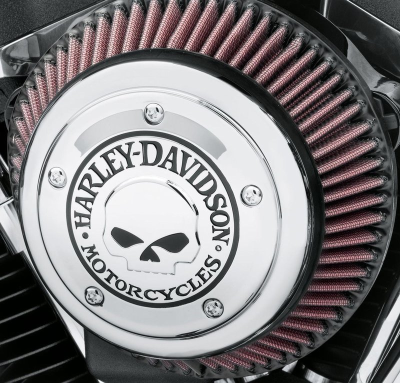 Harley-Davidson Accessories Willie G Skull Air Cleaner Trim in chrome. Add a little attitude to your ride. Styled to complement Harley-Davidson Skull accessory items, the menacing raised skull with black-filled eyes leaps from a field of chrome. The surrounding "Harley-Davidson Motorcycles" script is the perfect finishing touch, and this complete collection of engine covers dresses your bike for a true custom look. Easy installation, chrome finish. Complete the look with additional accessories from the Harley-Davidson Willie G Skull Collection.