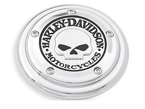 Harley-Davidson Accessories Willie G Skull Air Cleaner Trim in chrome. Add a little attitude to your ride. Styled to complement Harley-Davidson Skull accessory items, the menacing raised skull with black-filled eyes leaps from a field of chrome. The surrounding "Harley-Davidson Motorcycles" script is the perfect finishing touch, and this complete collection of engine covers dresses your bike for a true custom look. Easy installation, chrome finish. Complete the look with additional accessories from the Harley-Davidson Willie G Skull Collection.