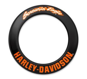 Harley-Davidson Accessories Dress your air cleaner in the traditional H-D orange and black. Easy-to-install trim ring features brilliant orange Screamin' Eagle script and Harley-Davidson lettering set against a gloss black background. Self adhesive backing.