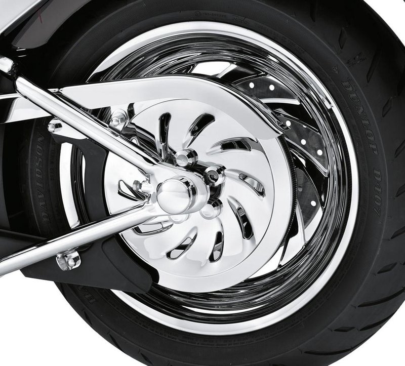 Harley-Davidson Accessories Styled to match the distinctive Typhoon Custom Wheel. This sprocket cover gives the appearance of a custom sprocket at a fraction of the cost. Chrome finish (also available in gloss black). Fits Harley-Davidson Softail 07-17 (except Breakout, FXCW and FXCWC).