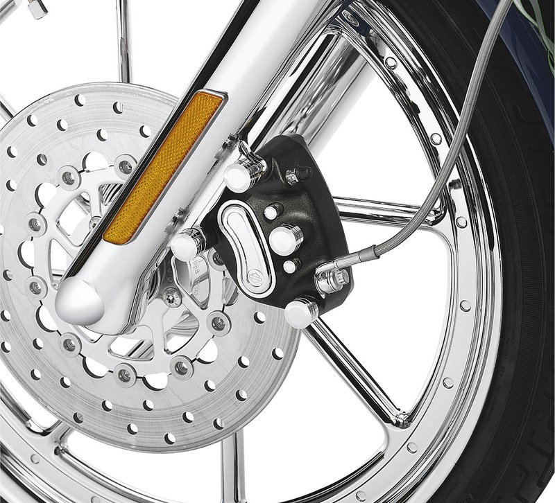 Harley-Davidson Accessories Cover your 12-point caliper bolts in chrome. These easy-to-install chrome covers are held firmly in place with a steel spring clip and are styled to match the Chrome Rocker Box Bolt and Headbolt Covers. Set contains four large and two small covers. Fits H-D front brake calipers '00-later.