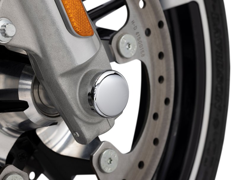 Harley-Davidson Accessories For stylishly covering the front axle. These smooth die-cast axle nut caps round off the custom design of the front section. Chrome finish. Easy-to-fit spring clip fastening. Available in pairs.