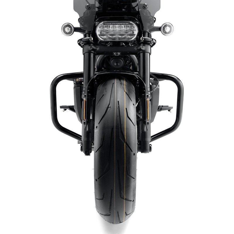 Harley-Davidson Accessories The strength of steel. This tubular steel engine guard is designed to help protect the Sportster S from cosmetic damage in the event of a stationary or low-speed tip-over. - Strong one-piece tubular steel guard - Black finish matches the motorcycle chassis - Bolts onto existing mounting points for clean style and easy installation with no modifications - Includes all necessary mounting hardware