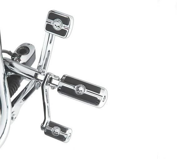 Harley-Davidson Accessories The Willie G Skull Footpegs in chrome have adjustable rotation for position, so your feet ride on the rubber treads whether used as a rider, passenger or highway peg. Kit includes left and right peg. Complete the custom look of your bike with additional accessories from the Harley-Davidson Willie G Skull Collection.