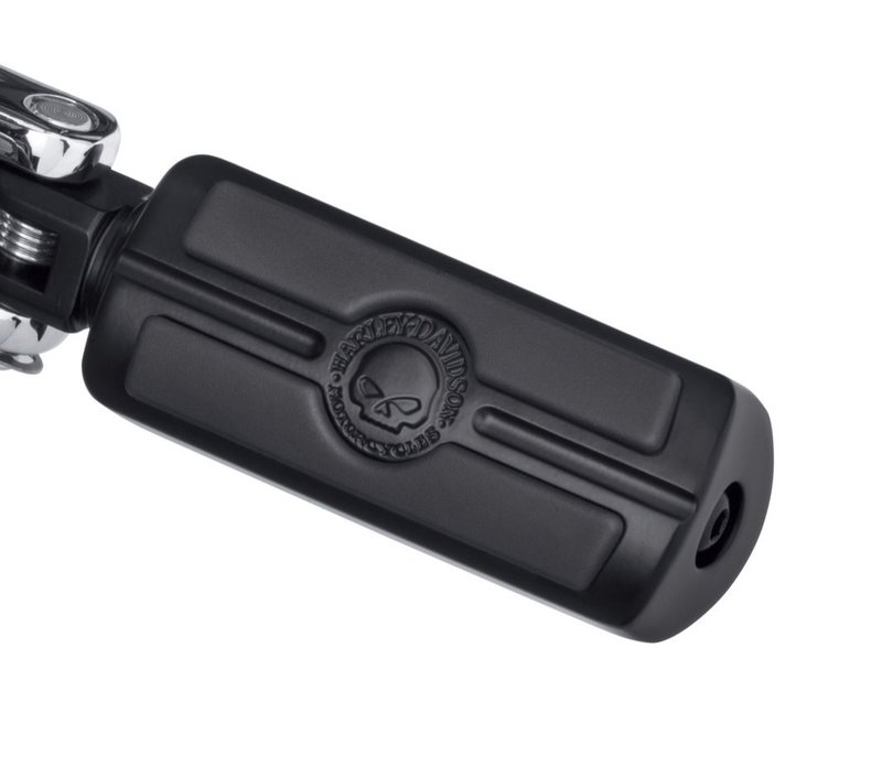 Harley-Davidson Accessories The Willie G Skull Rider Footpegs in obsidian black are styled to complement other Willie G Skull Collection accessories. They feature a raised Willie G Skull and Harley-Davidson Motorcycles script surrounded by rich black rubber for grip and traction. Black finish. Footpeg rotation is adjustable for position, so your feet ride on the rubber treads whether used as a rider, passenger or highway peg. Includes left and right pegs.
