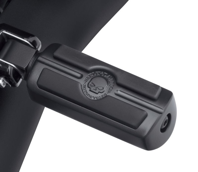 Harley-Davidson Accessories The Willie G Skull Passenger Footpegs in obsidian black are styled to complement other Willie G Skull Collection accessories. They feature a raised Willie G Skull and Harley-Davidson Motorcycles script surrounded by rich black rubber for grip and traction. Black finish. Footpeg rotation is adjustable for position, so your feet ride on the rubber treads whether used as a rider, passenger or highway peg. Includes left and right pegs.