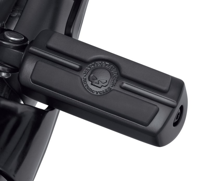Harley-Davidson Accessories The Willie G Skull Footpegs in obsidian black are styled to complement other Willie G Skull Collection accessories. They feature a raised Willie G Skull and Harley-Davidson Motorcycles script surrounded by rich black rubber for grip and traction. Black finish. Footpeg rotation is adjustable for position, so your feet ride on the rubber treads whether used as a rider, passenger or highway peg. Includes left and right pegs.