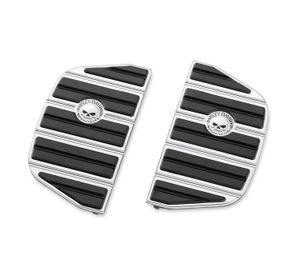 Harley-Davidson Accessories The Willie G Skull Passenger Footboard Inserts in chrome are easy to install and retain the Original Equipment cast-in vibration isolation for a fatigue-free ride. Kit includes left and right insert. Passenger, traditional shape.