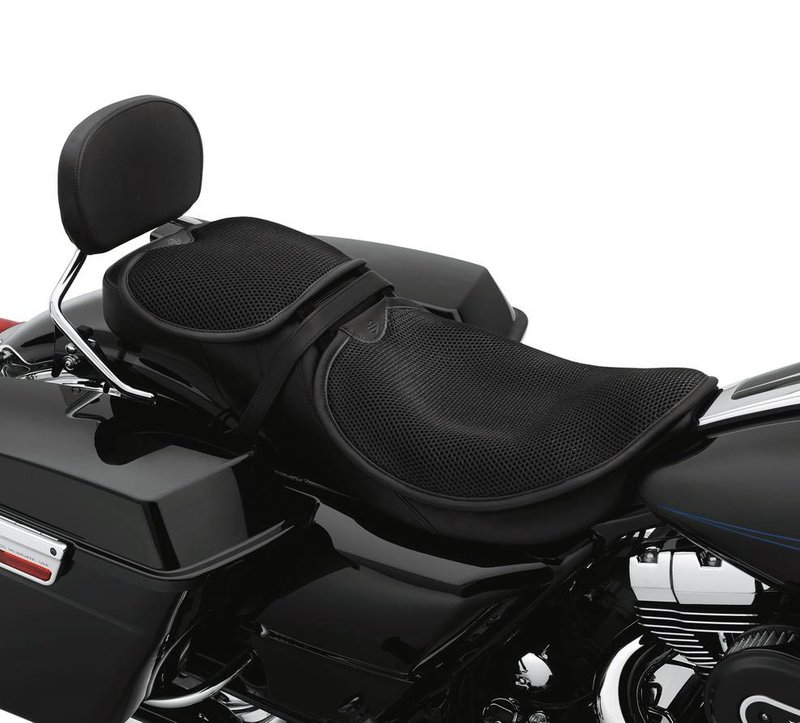 Harley-Davidson Accessories Keep comfortable on your next long ride. These breathable Circulator Seat and Backrest Pads feature 3-D construction that promotes air movement and reduces heat build-up where the rider's body touches the seat or backrest. They keep the rider cool by reducing perspiration build-up between you and the seating surface, and can be installed and removed in seconds for easy cleaning. - The low-profile design minimises seat-height change compared with inflatable pads, while enhancing comfort with shock-absorbing construction - Manufactured from UV-stable materials that resist fading when exposed to the sun - Elastic under-seat strap and non-slip base provide secure installation - The available Circulator Passenger Pillion Pad attaches to the rider pad with hook-and-loop tabs - Large seat pad (16.0" width)