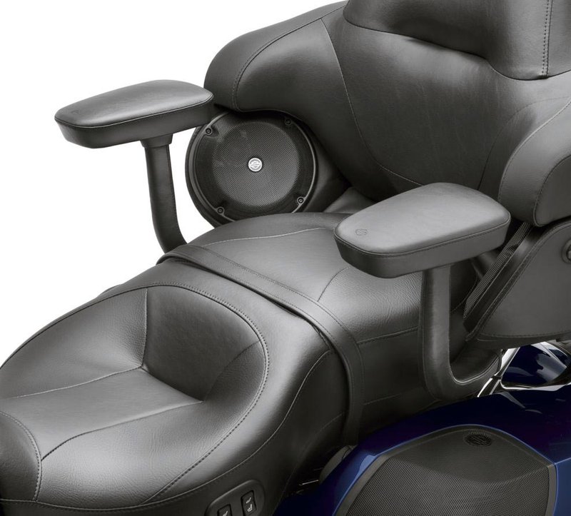 Harley-Davidson Accessories Tour-Pak Passenger Armrests. These premium passenger armrests are ergonomically designed for the ultimate in passenger comfort. Soft pads provide excellent forearm support on long rides, and both armrests swing out of the way for easy mounting and dismounting. The pads and arms can be set in multiple positions for added comfort, and the armrest pads feature spring-loaded hinge storage compartments that hold compact personal items. The high-quality black vinyl upholstered pads and support arms blend with Original Equipment seats and speaker pods. The complete kit includes all required installation hardware. Fits '14-later Touring models equipped with hard Tour-Pak luggage (except CVO models).