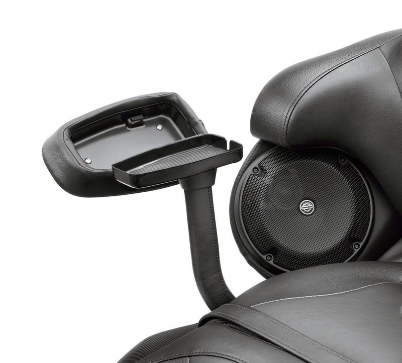 Harley-Davidson Accessories Tour-Pak Passenger Armrests. These premium passenger armrests are ergonomically designed for the ultimate in passenger comfort. Soft pads provide excellent forearm support on long rides, and both armrests swing out of the way for easy mounting and dismounting. The pads and arms can be set in multiple positions for added comfort, and the armrest pads feature spring-loaded hinge storage compartments that hold compact personal items. The high-quality black vinyl upholstered pads and support arms blend with Original Equipment seats and speaker pods. The complete kit includes all required installation hardware. Fits '14-later Touring models equipped with hard Tour-Pak luggage (except CVO models).