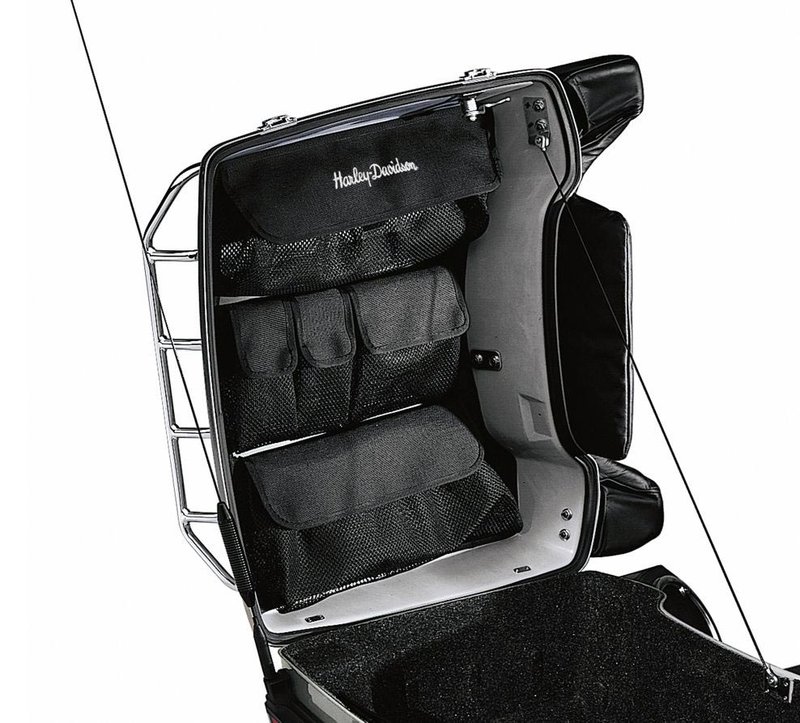 Harley-Davidson Accessories Tour-Pak Lid Organizer. This ingenious lid organiser keeps smaller items conveniently located under your Tour-Pak lid for easy access. It features five different-sized nylon-mesh pockets plus two flaps for additional storage, making it a great way to keep keys, phones, glasses and papers handy. Fits models equipped with a King, Ultra, Chopped or Razor-Pak Tour-Pak.