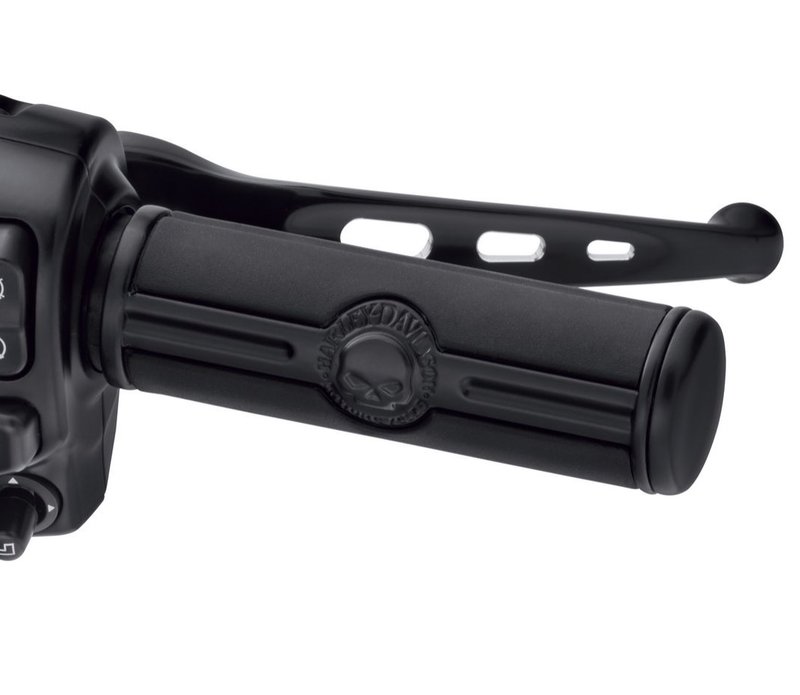 Harley-Davidson Accessories The Willie G Skull black hand grips contrast the sinister Willie G® Skull logo surrounded by Harley-Davidson® script, with raised rubber pads that add positive grip and comfort for the long haul. Black finish. They are easy to install and feature a glueless design that allows removal without damage. Complete this individual custom look of your bike with additional accessories from the Harley-Davidson Willie G Skull Collection.