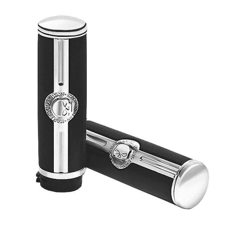 Harley-Davidson Accessories The Willie G Skull large 1.6" chrome hand grips set deep black rubber pads against a brilliant polished and chrome-plated field to yield the dramatic appearance of the Willie G® Skull Collection. Raised rubber pads add positive grip and comfort for the long haul. The hand grips are a comfortable 1.6" diameter, and the glueless design permits removal for servicing without damage. Complete this individual custom look of your bike with additional accessories from the Harley-Davidson Willie G Skull Collection.
