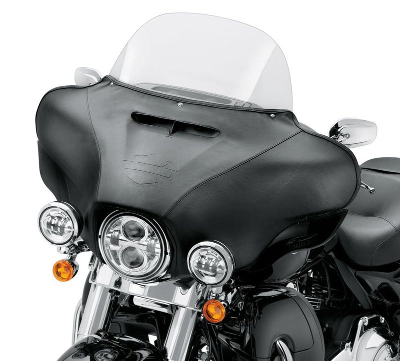 Harley-Davidson Accessories Offering a custom look and protection from the elements for your fairing. This fairing bra is made with non-abrasive, fleece-backed vinyl, designed for easy installation and a custom fit. Features a Bar & Shield logo.
