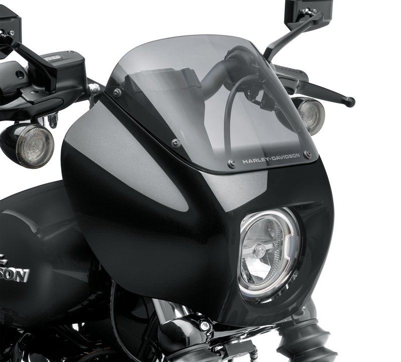Harley-Davidson Accessories This street-performance-inspired quarter fairing is designed to reduce drag while providing a sleek, custom look. Vivid Black finish. The dark smoke windscreen features Harley-Davidson script on the lower leading edge and provides the wind protection you need to go all day, while looking sinister in the process. Requires separate purchase of a model-specific bracket kit.