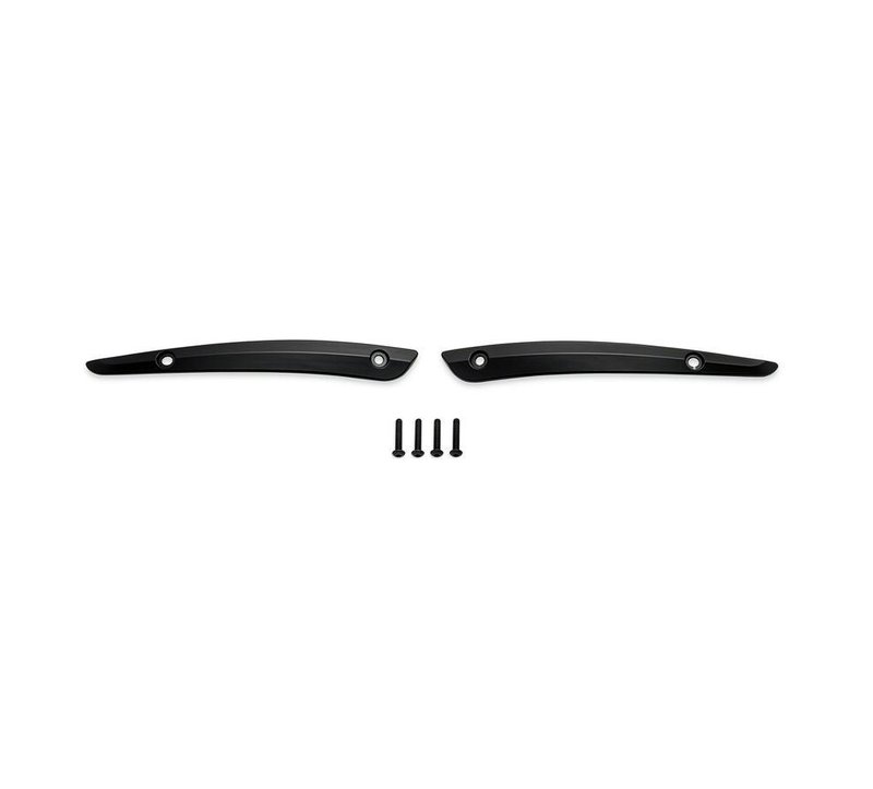 Harley-Davidson Accessories This easy-to-install, two-piece trim kit adds a speed-stripe accent to the base of the windshield. - Gloss black finish - Tapered from the leading to the trailing edge - Glass-smooth trim with counter-bored mounting holes and flush-mount hardware for a clean, elegant look - Includes left and right trim and installation hardware - Easy to install
