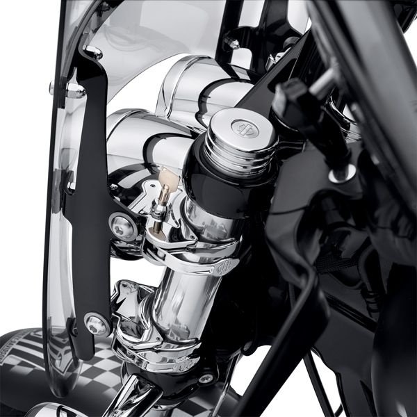 Harley-Davidson Accessories Protect your investment. This Locking Quick-Release Windshield Clamp secures your windshield from grab-and-run theft, giving you peace of mind when you have to leave your bike unattended. The chrome-plated locking clamp replaces one of the Original Equipment windshield clamps and features a push-button lock with a mini barrel-style key for easy removal. - Kit includes one locking clamp and two matching keys - 49 mm