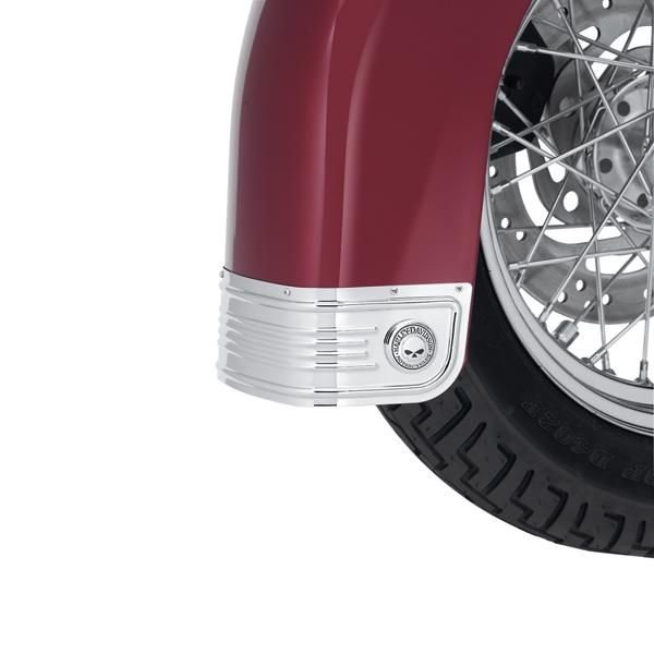 Harley-Davidson Accessories This decorative chrome-plated fender skirt is a direct replacement for the stock fender skirt. Features a three-dimensional sculptured concho with skull design set off with black accents. Mounting hardware included.