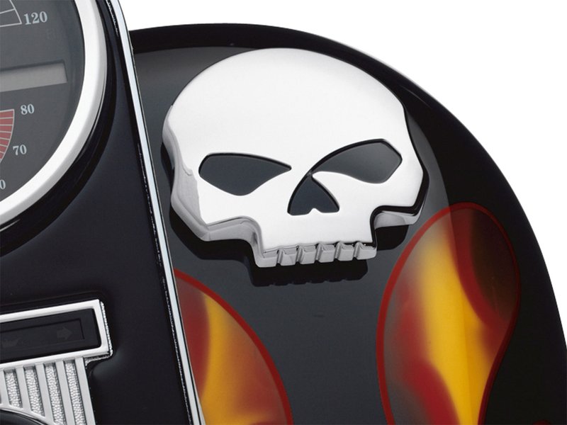 Harley-Davidson Accessories Add a little attitude to your ride. Styled to complement Harley-Davidson Skull accessory items, the menacing raised skull with black-filled eyes features a rich chrome-plated finish and a styled shape that is easy to grip, even while wearing gloves. Sold each.