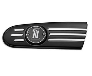 Harley-Davidson Accessories Dark Custom Air Cleaner Trim. The famous Harley-Davidson #1 logo with a sinister twist. Machined from billet aluminium, the domed surfaces are polished and black anodised to a rich satin sheen, then remachined to expose the raw aluminium. Complements both polished and painted engine finishes.